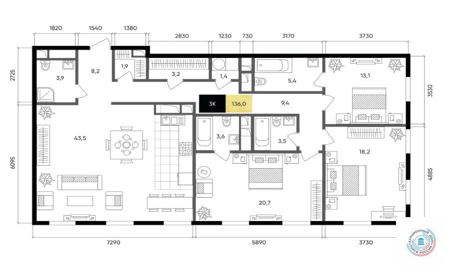 Продается 3-комнатная квартира, площадью 136.00 кв.м. Москва, набережная Серебряническая, дом 11