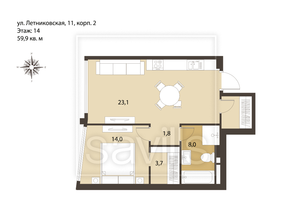 Продается 2-комнатная квартира, площадью 59.90 кв.м. Москва, улица Летниковская